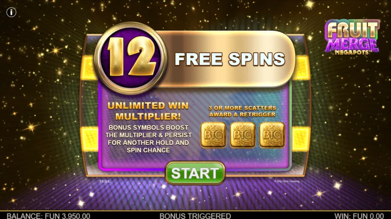 Fruit Merge Megapots - Free Spins-ის გაშვება
